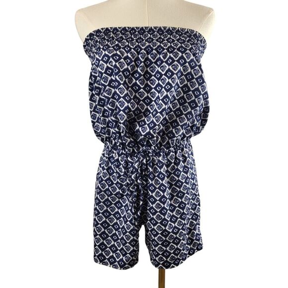 Ocean Club X-Small Blue White Geometric Romper Off Shoulder Smocked Tie Waist - Picture 4 of 14